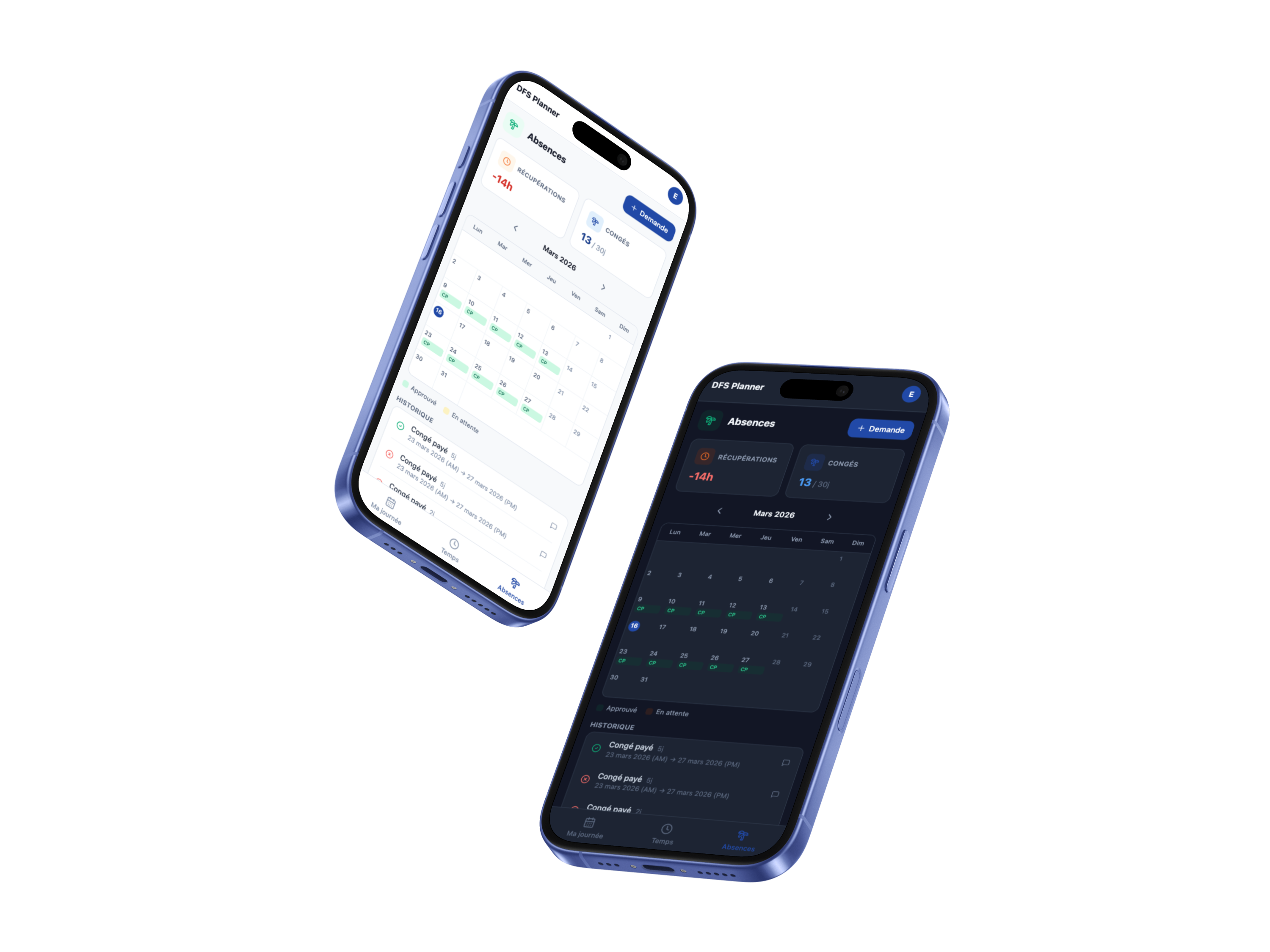 DFS Planner sur iPhone — light et dark mode