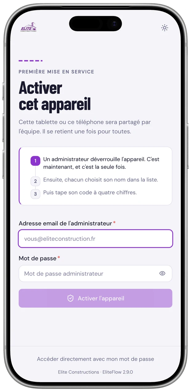 Écran d’activation d’EliteFlow sur iPhone : un administrateur déverrouille l’appareil partagé, une seule fois.