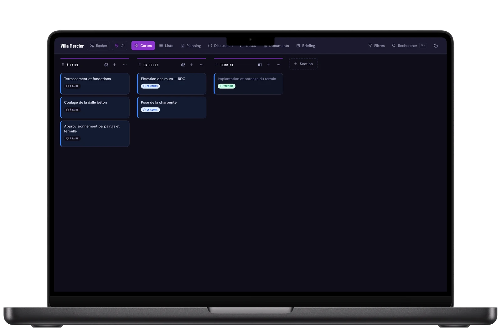 EliteFlow sur MacBook : le tableau de chantier Villa Mercier, tâches en colonnes À faire, En cours et Terminé.