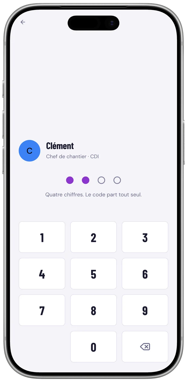 Écran de code PIN d’EliteFlow sur iPhone : ouverture d’une session personnelle par code à quatre chiffres.