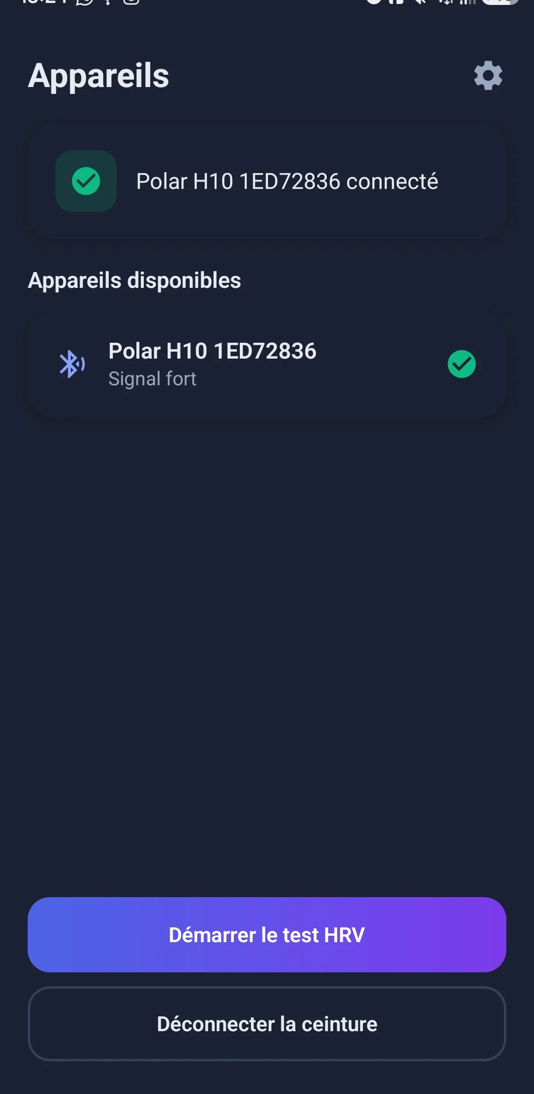 Ceinture Polar H10 connectée dans HRV Connect