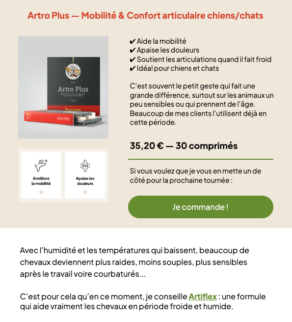 Email produit Husse — recommandation saisonnière Artro Plus