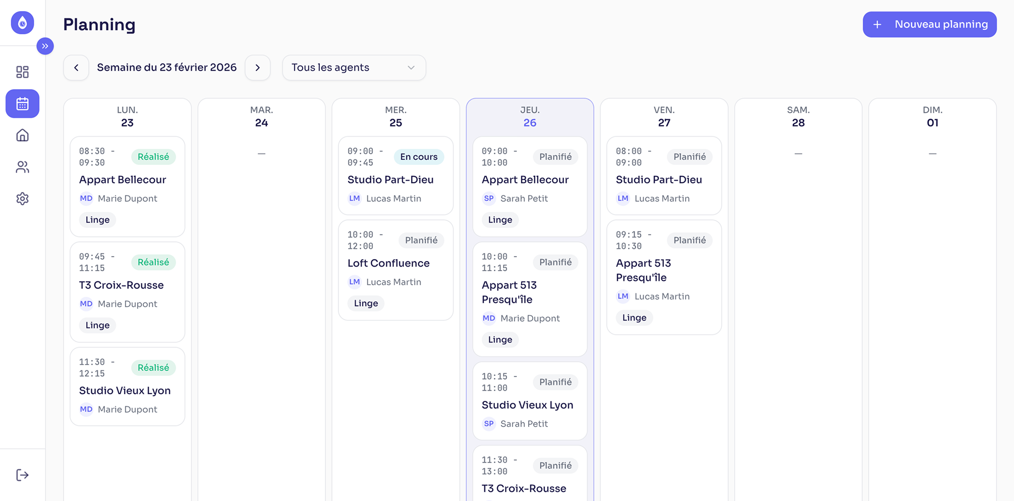 Planning hebdomadaire Klenr — vue desktop