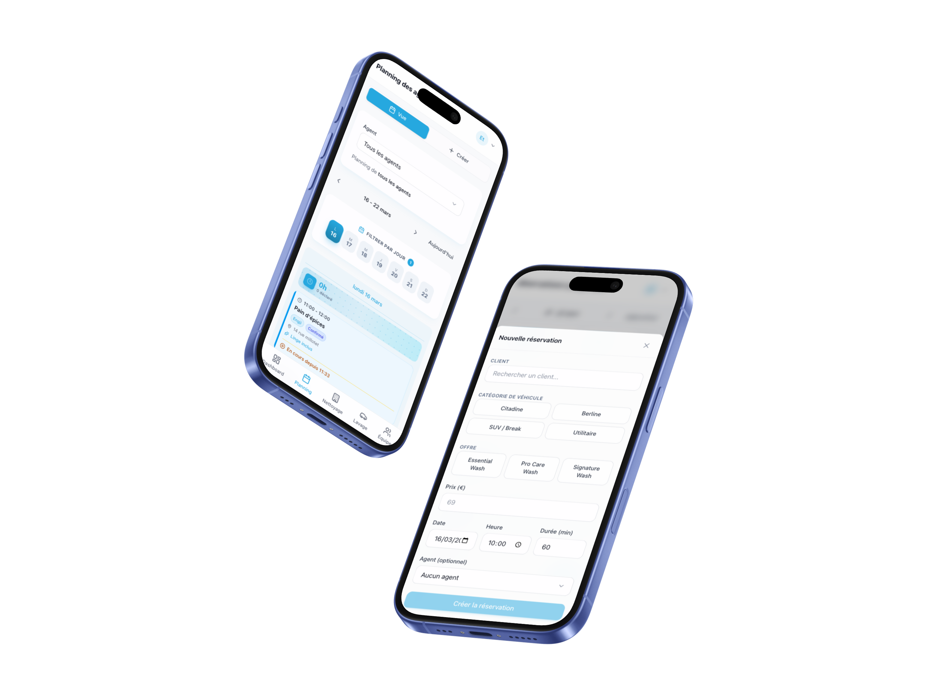 Wash Pilote sur iPhone — dark et light mode