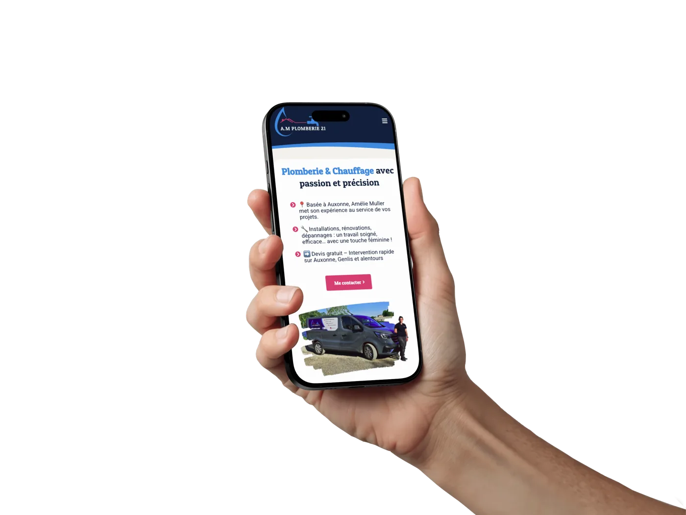 Le site AM Plomberie 21 sur iPhone, tenu en main