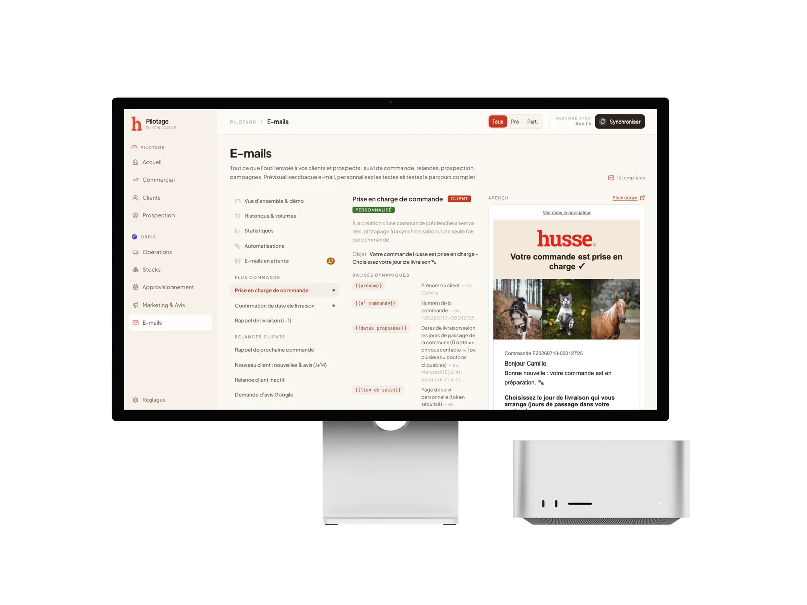 Le module e-mails de Husse Pilotage sur un écran Studio Display