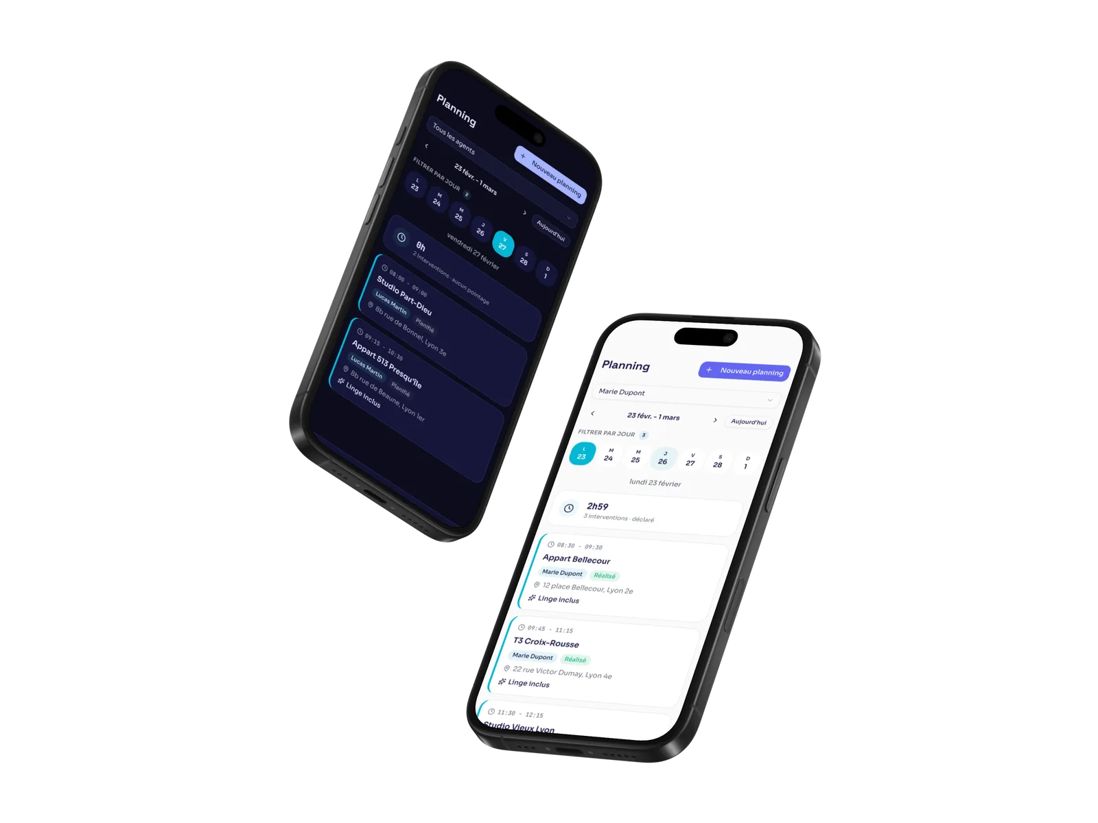 L’app mobile Klenr en modes sombre et clair sur deux iPhone